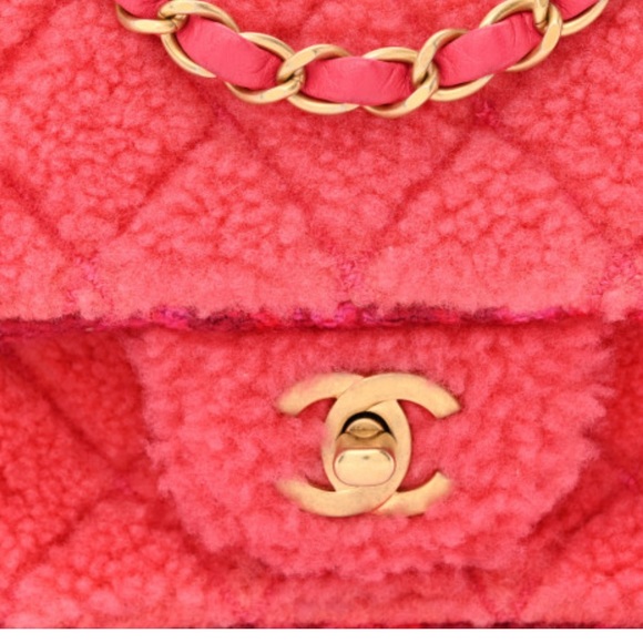 CHANEL π RARE 2 Tone Pink & Peach Faux Fur Shearling Quilted Tweed Matte Gold - Picture 12 of 15